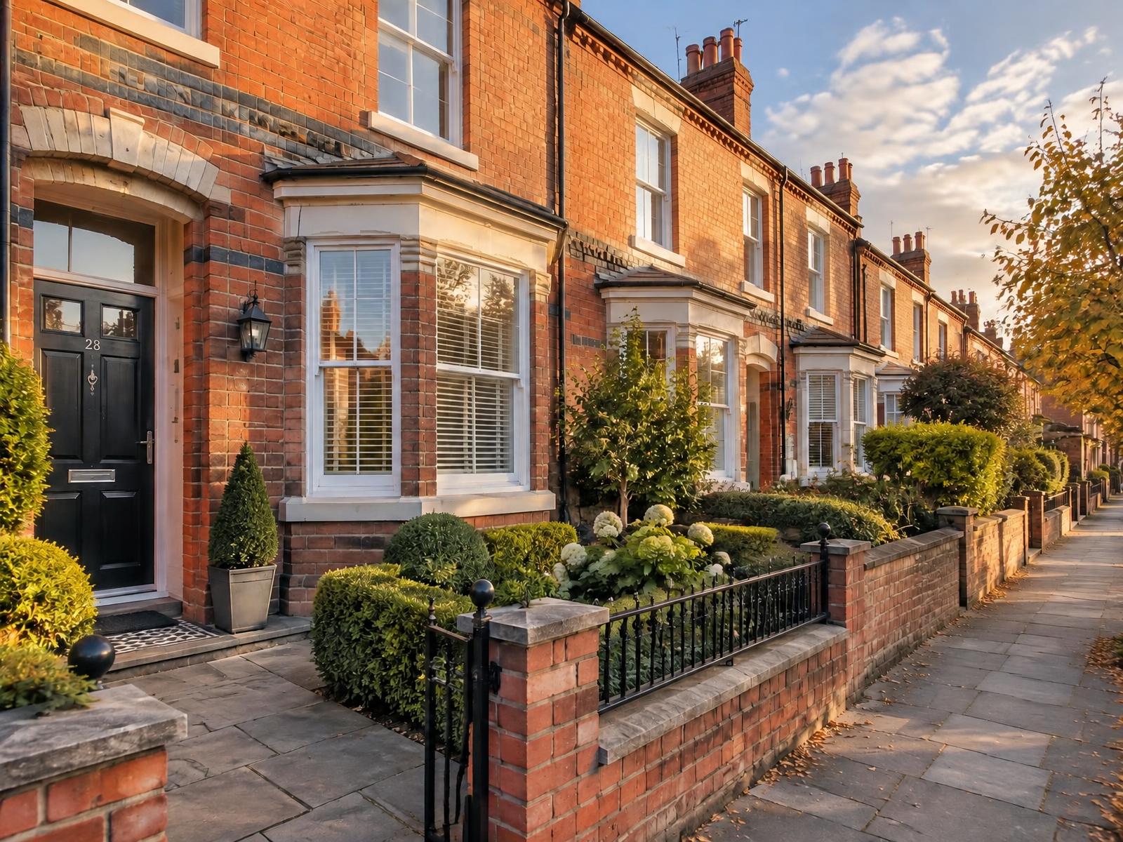A handsome red-brick Victorian terraced street in Cheshire in warm evening light
